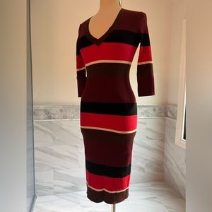 Trina Turk V-neck, 3/4 Sleeves Pink Burgundy Midi Sweater Dress